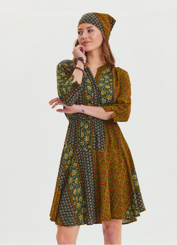 Green Patterned Midi Dress with Judge Collar and Button Detail 4462